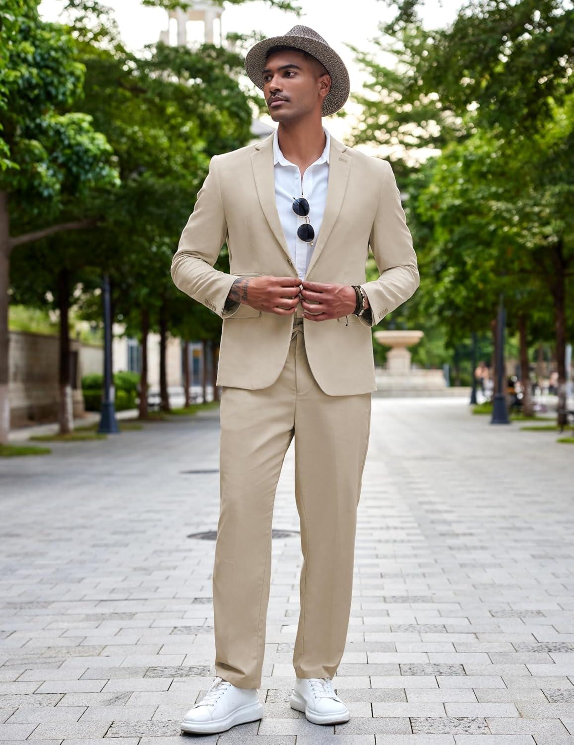 imageCOOFANDY Mens 2 Piece Linen Suits Set Regular Fit Casual Lightweight Linen Suit Blazer Jacket and PantsLight Khaki
