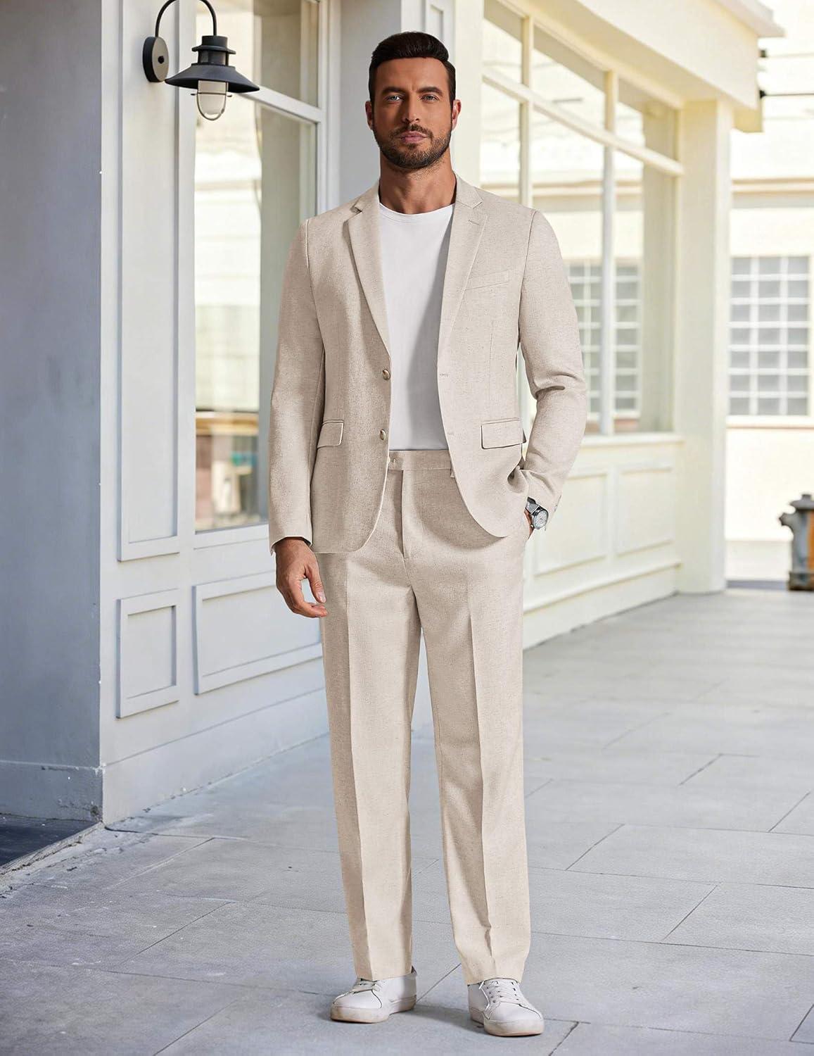 imageCOOFANDY Mens Linen Suits 2 Piece Regular Fit Suits Set Casual Lightweight Blazer Jacket and Pants for Summer WeddingBeige
