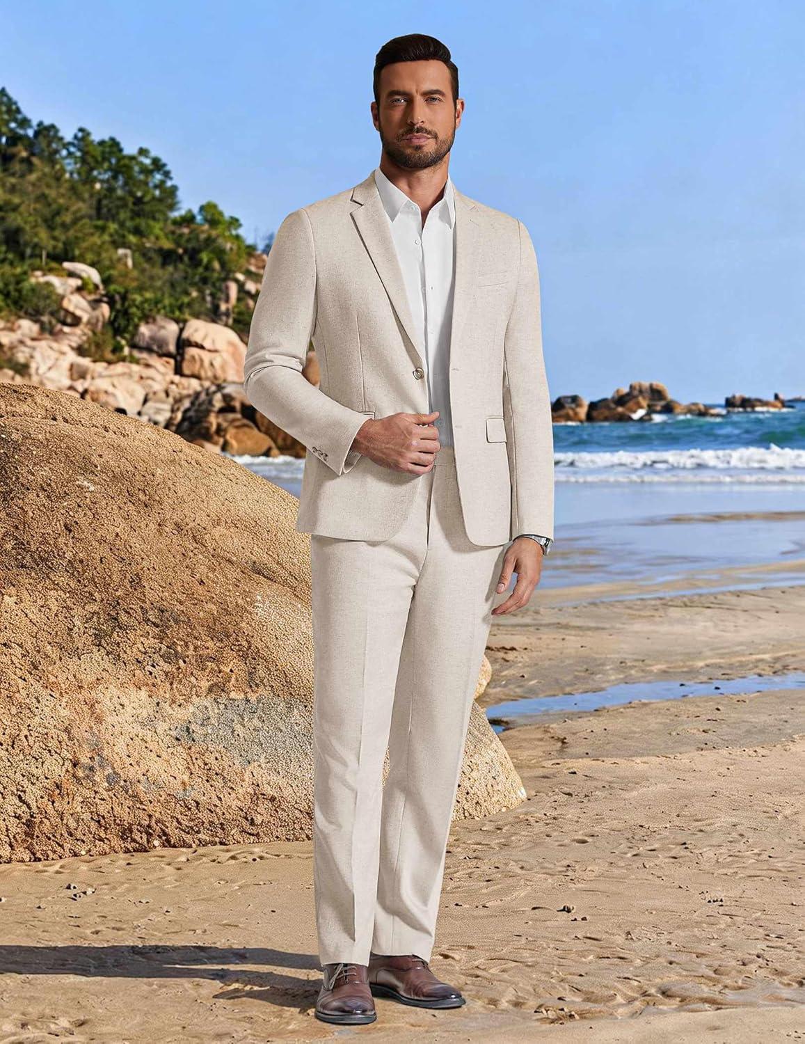 imageCOOFANDY Mens Linen Suits 2 Piece Regular Fit Suits Set Casual Lightweight Blazer Jacket and Pants for Summer WeddingBeige