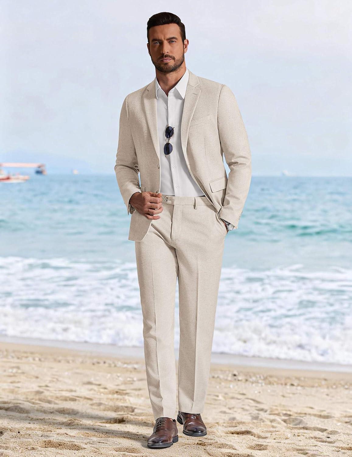 imageCOOFANDY Mens Linen Suits 2 Piece Regular Fit Suits Set Casual Lightweight Blazer Jacket and Pants for Summer WeddingBeige