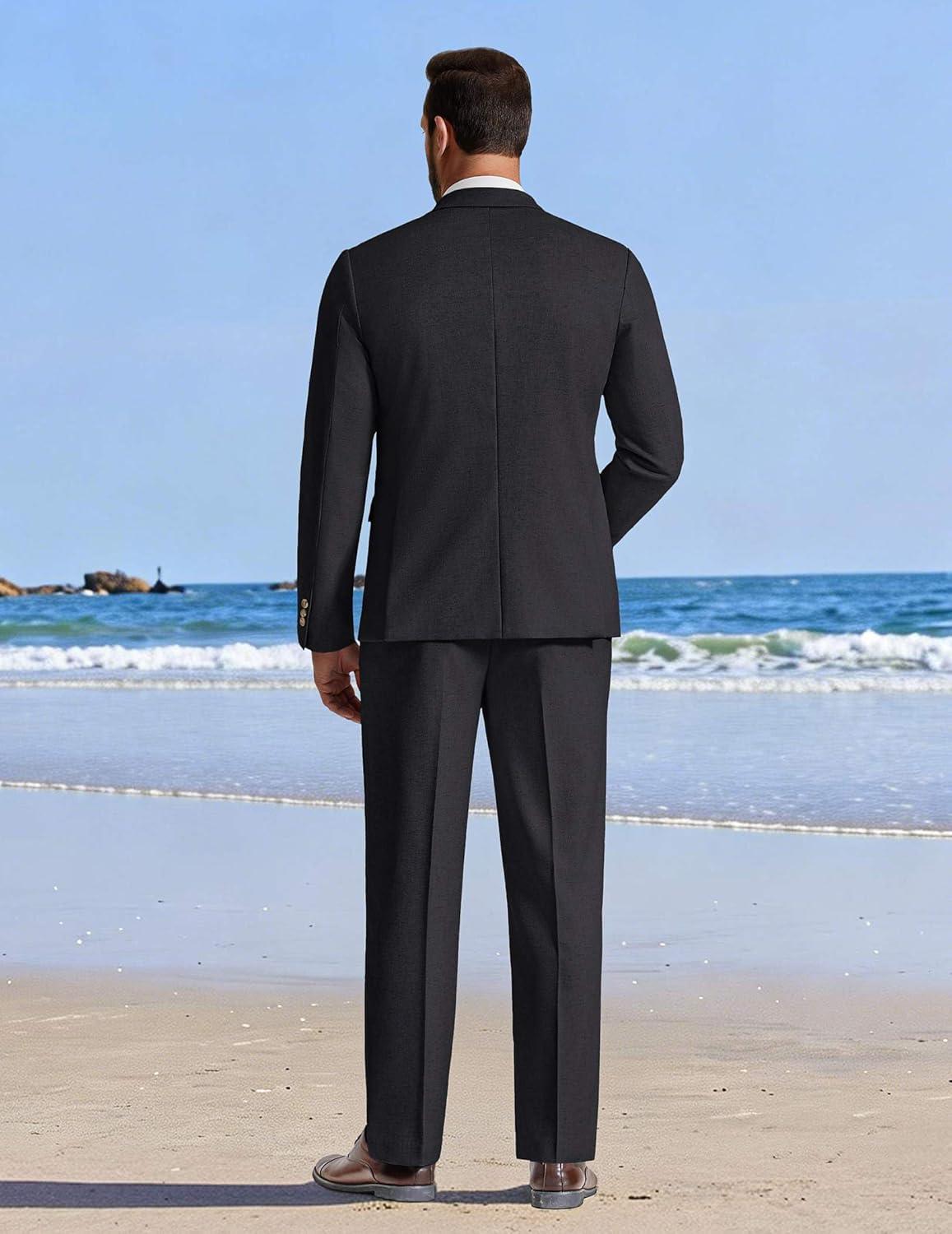 imageCOOFANDY Mens Linen Suits 2 Piece Regular Fit Suits Set Casual Lightweight Blazer Jacket and Pants for Summer WeddingBlack