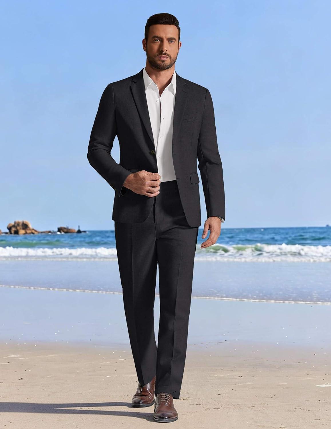 imageCOOFANDY Mens Linen Suits 2 Piece Regular Fit Suits Set Casual Lightweight Blazer Jacket and Pants for Summer WeddingBlack