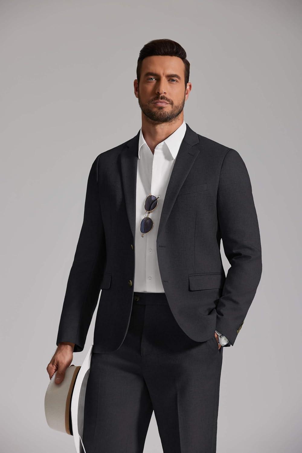 imageCOOFANDY Mens Linen Suits 2 Piece Regular Fit Suits Set Casual Lightweight Blazer Jacket and Pants for Summer WeddingBlack