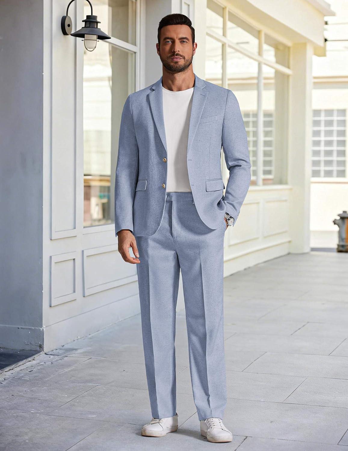 imageCOOFANDY Mens Linen Suits 2 Piece Regular Fit Suits Set Casual Lightweight Blazer Jacket and Pants for Summer WeddingLight Blue