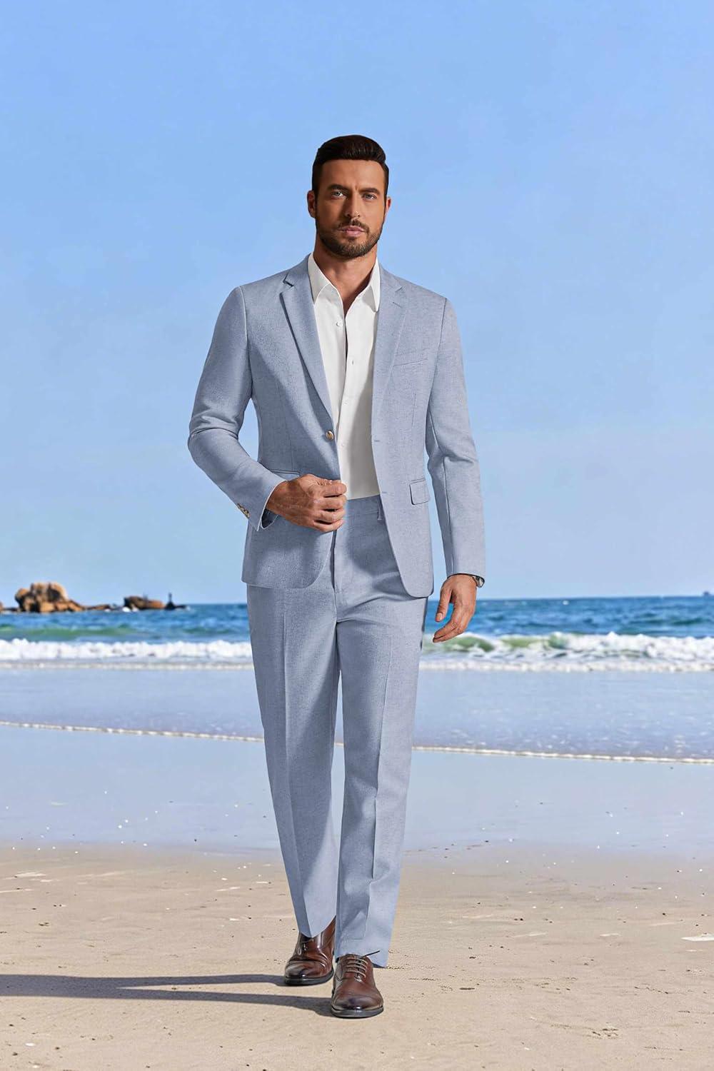imageCOOFANDY Mens Linen Suits 2 Piece Regular Fit Suits Set Casual Lightweight Blazer Jacket and Pants for Summer WeddingLight Blue