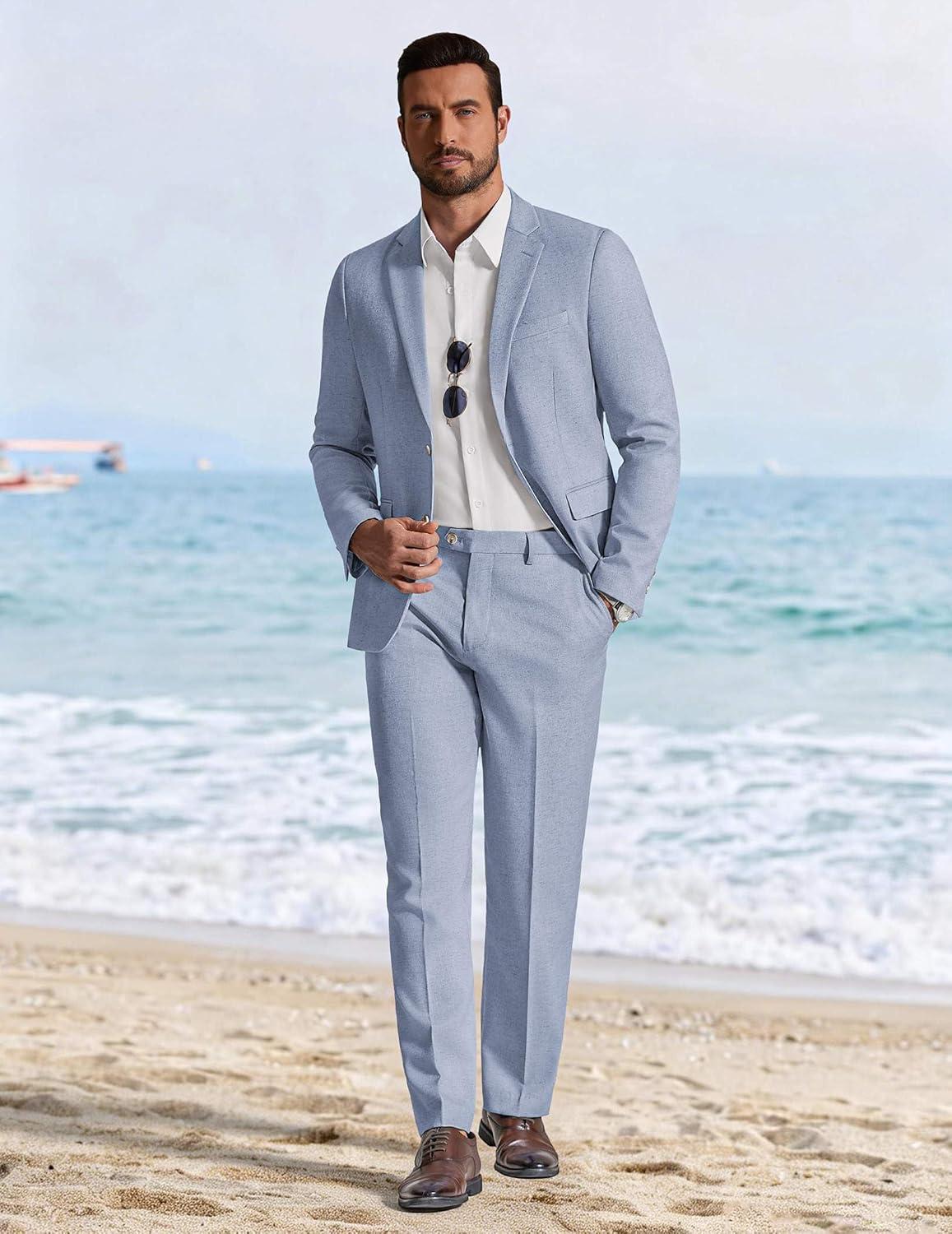 imageCOOFANDY Mens Linen Suits 2 Piece Regular Fit Suits Set Casual Lightweight Blazer Jacket and Pants for Summer WeddingLight Blue