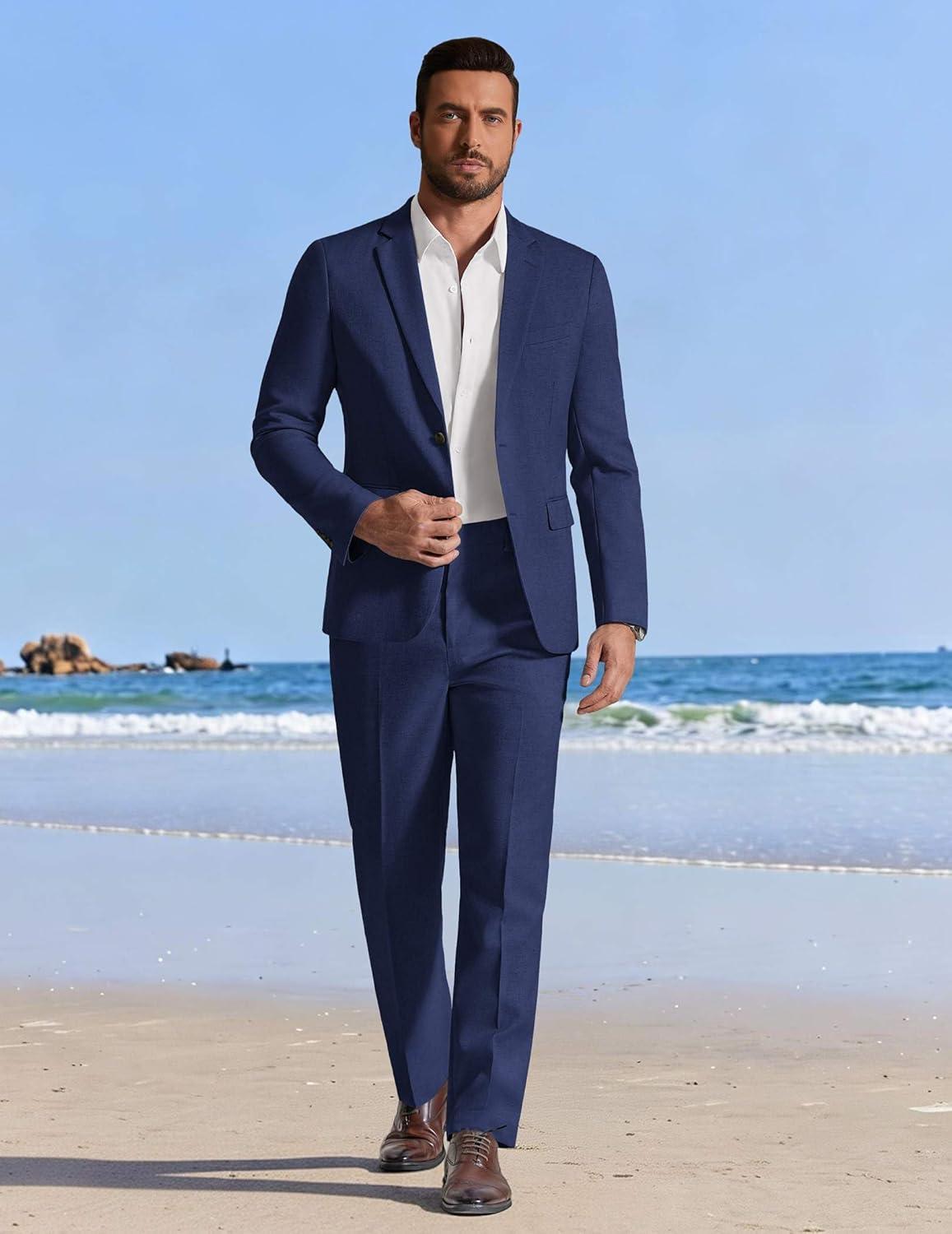 imageCOOFANDY Mens Linen Suits 2 Piece Regular Fit Suits Set Casual Lightweight Blazer Jacket and Pants for Summer WeddingNavy Blue