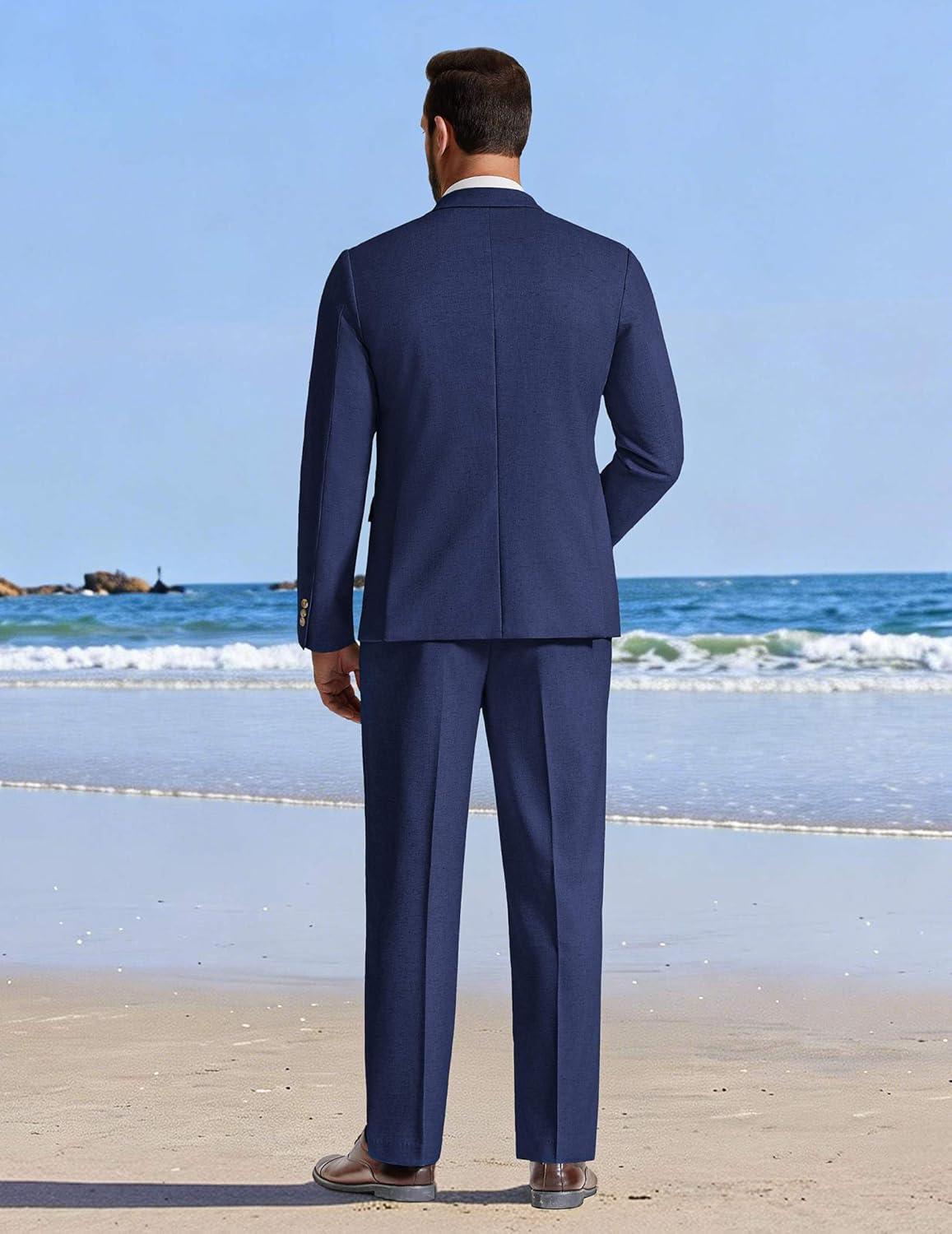 imageCOOFANDY Mens Linen Suits 2 Piece Regular Fit Suits Set Casual Lightweight Blazer Jacket and Pants for Summer WeddingNavy Blue