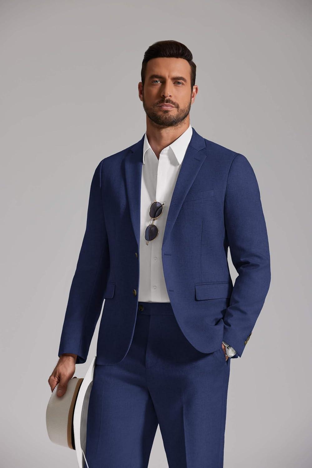 imageCOOFANDY Mens Linen Suits 2 Piece Regular Fit Suits Set Casual Lightweight Blazer Jacket and Pants for Summer WeddingNavy Blue