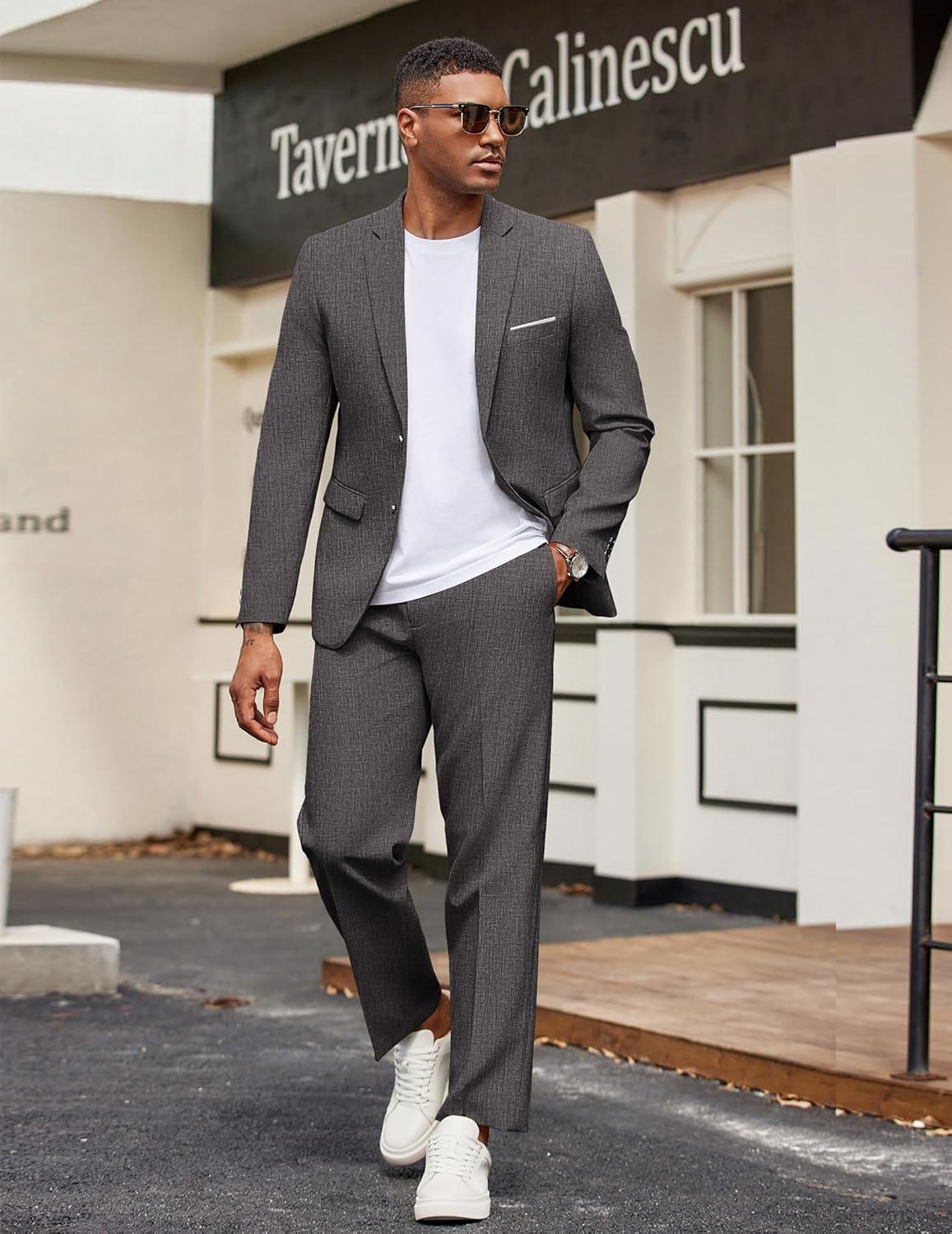 imageCOOFANDY Mens Suits 2 Piece Classic Fit Casual Suits Sets 2 Button Blazer Jacket And Dress Pants For Wedding Business PromDark Grey