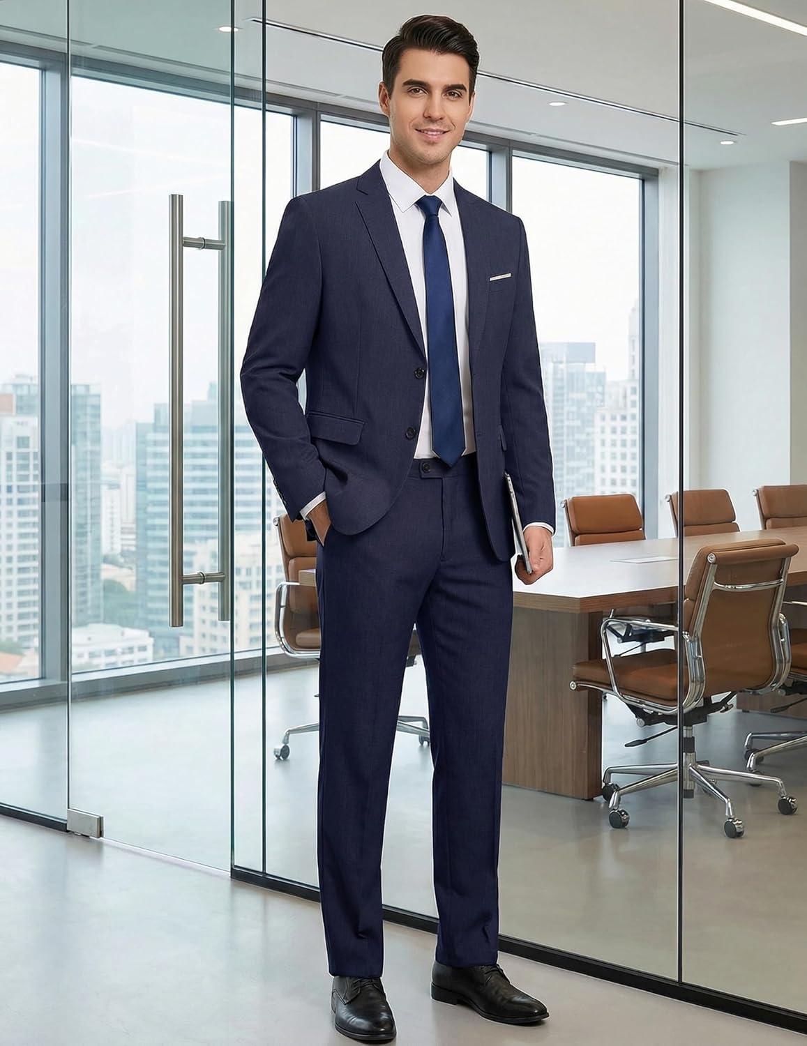 imageCOOFANDY Mens Suits 2 Piece Classic Fit Casual Suits Sets 2 Button Blazer Jacket And Dress Pants For Wedding Business PromNavy Blue