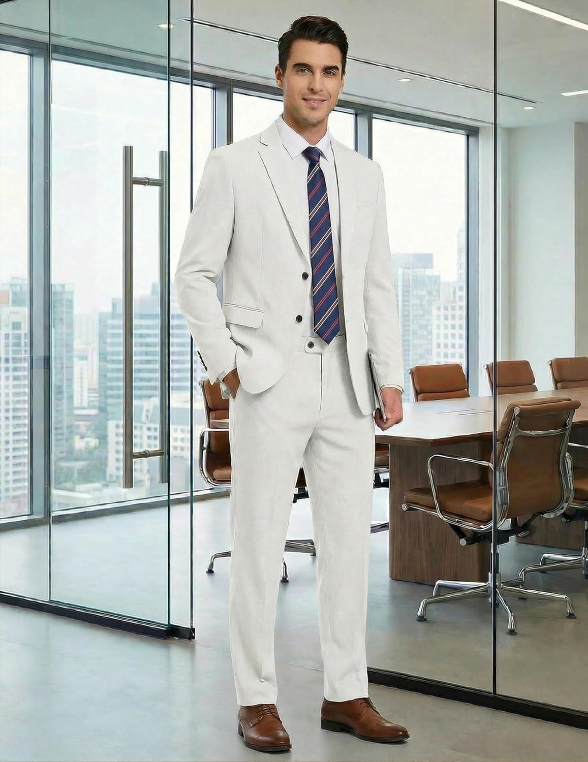 imageCOOFANDY Mens Suits 2 Piece Classic Fit Casual Suits Sets 2 Button Blazer Jacket And Dress Pants For Wedding Business PromWhite