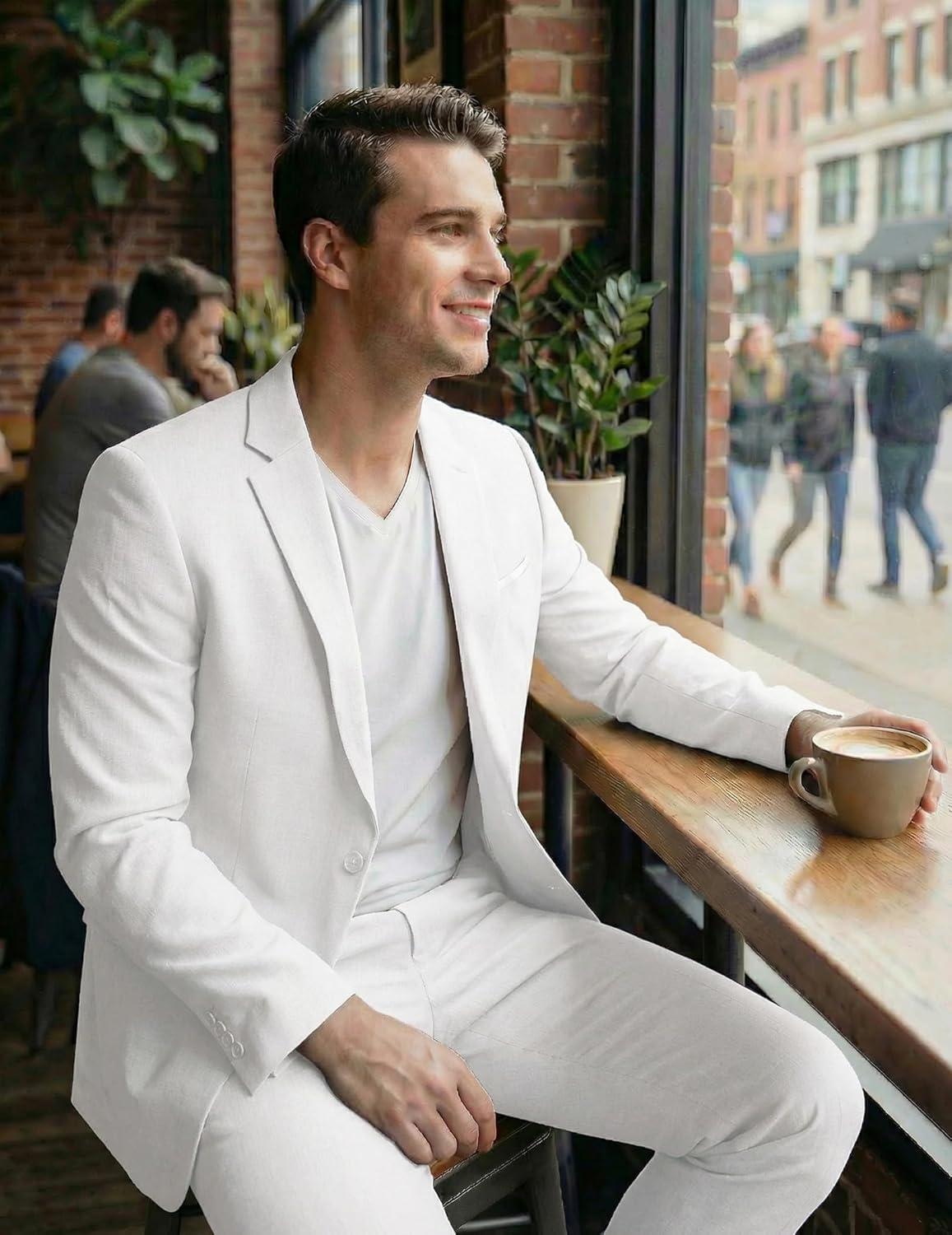 imageCOOFANDY Mens Suits 2 Piece Classic Fit Casual Suits Sets 2 Button Blazer Jacket And Dress Pants For Wedding Business PromWhite
