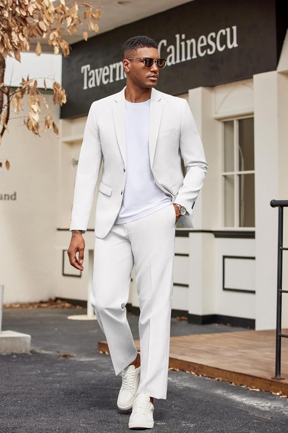 imageCOOFANDY Mens Suits 2 Piece Classic Fit Casual Suits Sets 2 Button Blazer Jacket And Dress Pants For Wedding Business PromWhite