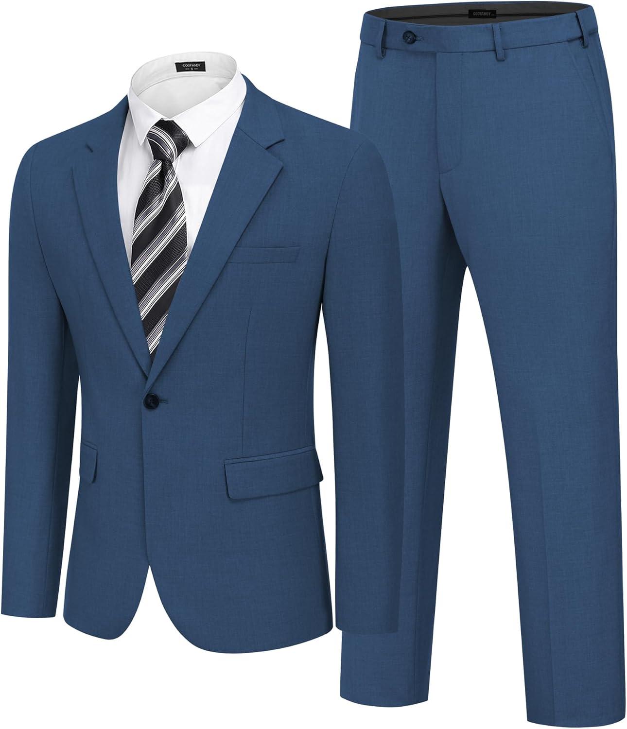 imageCOOFANDY Mens Suits Regular Fit 2 Piece Suit Set One Button Solid Blazer and Pants for Wedding Prom Casual BusinessBlue