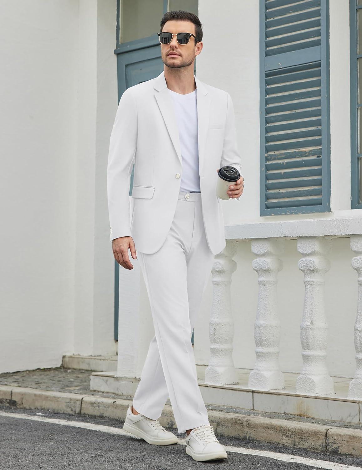 imageCOOFANDY Mens Suits Regular Fit 2 Piece Suit Set One Button Solid Blazer and Pants for Wedding Prom Casual BusinessWhite