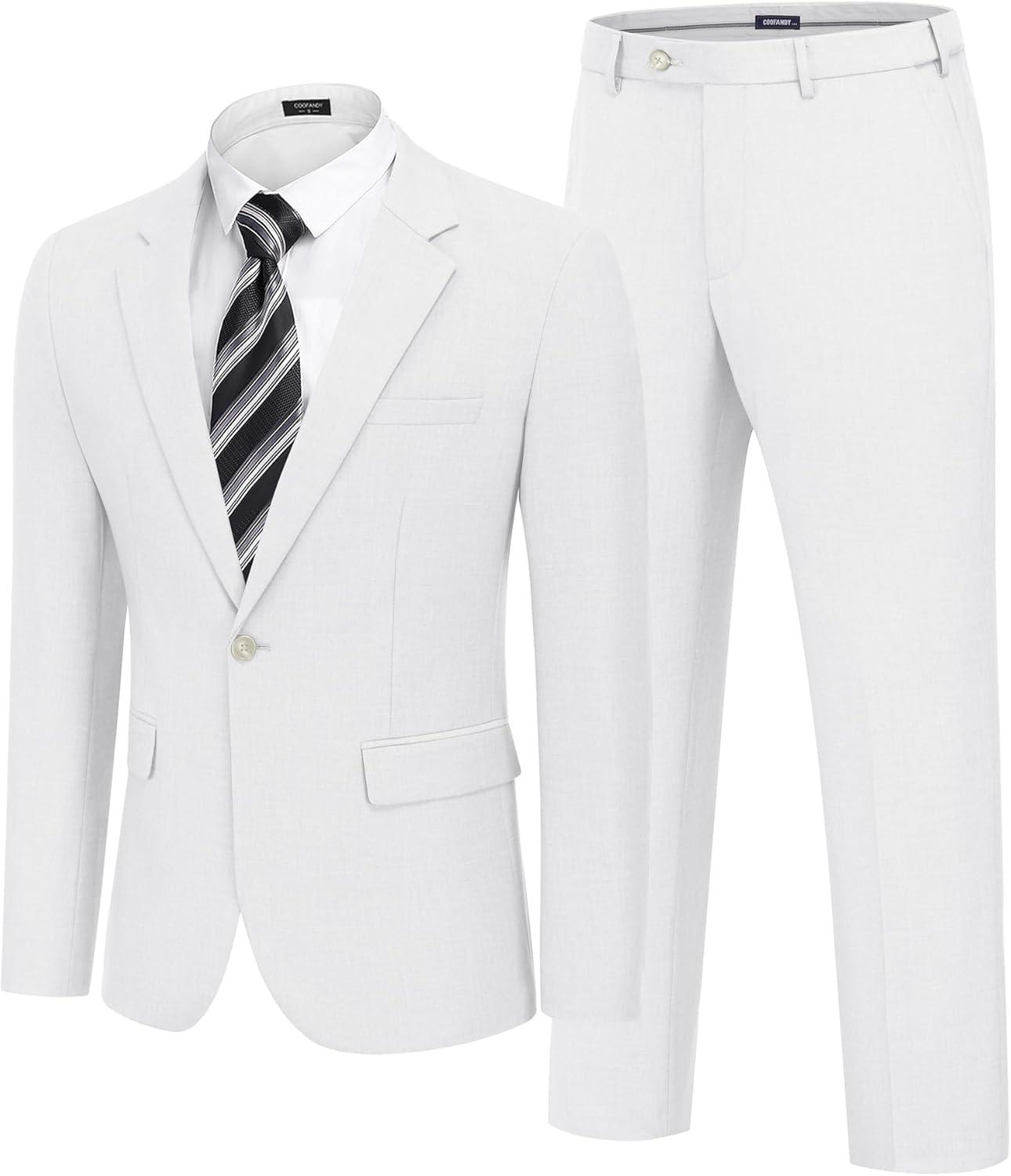 imageCOOFANDY Mens Suits Regular Fit 2 Piece Suit Set One Button Solid Blazer and Pants for Wedding Prom Casual BusinessWhite