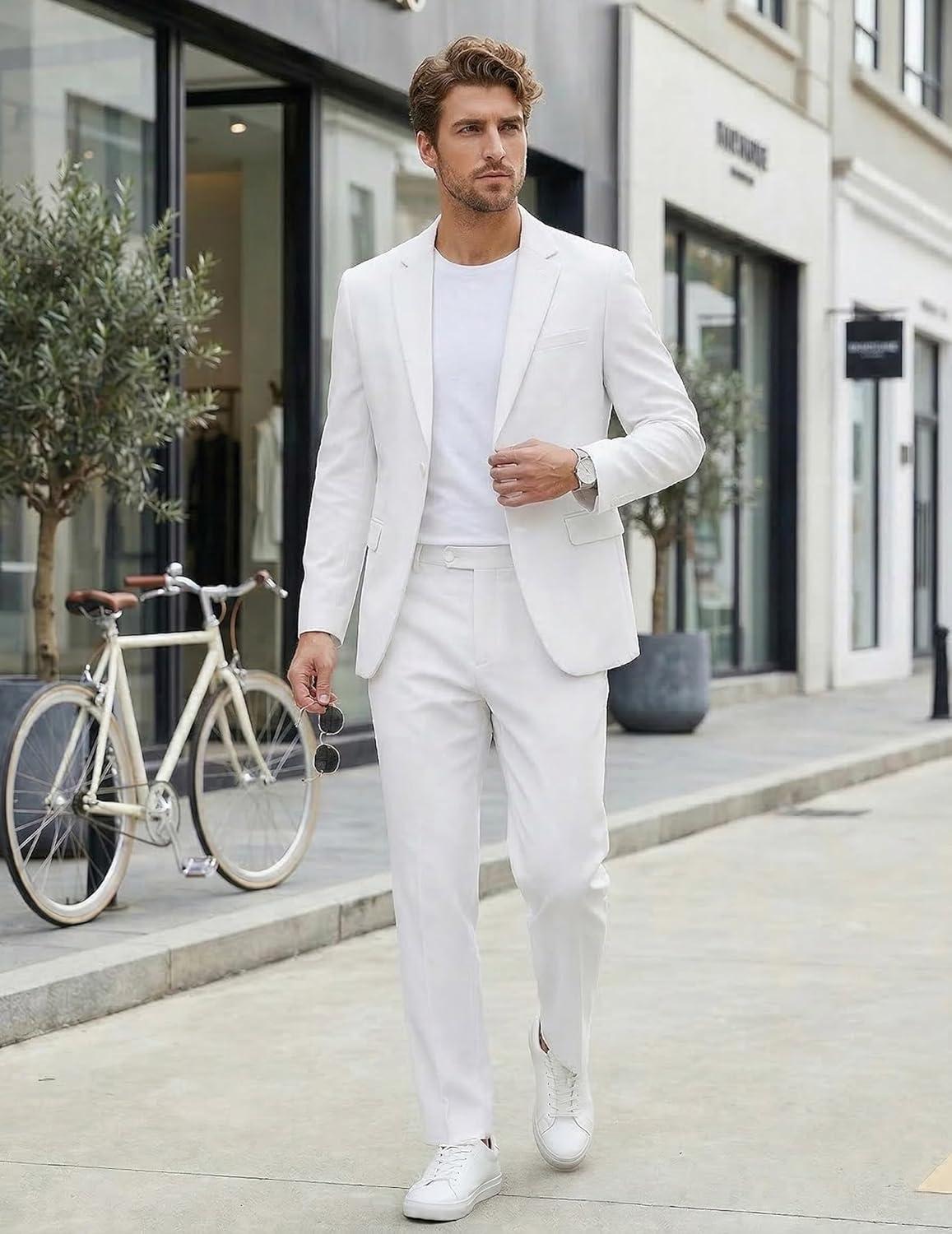 imageCOOFANDY Mens Suits Regular Fit 2 Piece Suit Set One Button Solid Blazer and Pants for Wedding Prom Casual BusinessWhite
