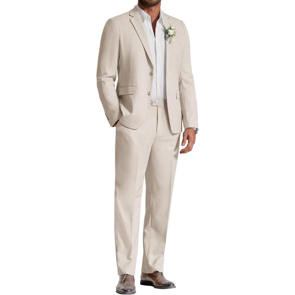 imageCOOFANDY Mens Linen Suits 2 Piece Regular Fit Suits Set Casual Lightweight Blazer Jacket and Pants for Summer WeddingBeige