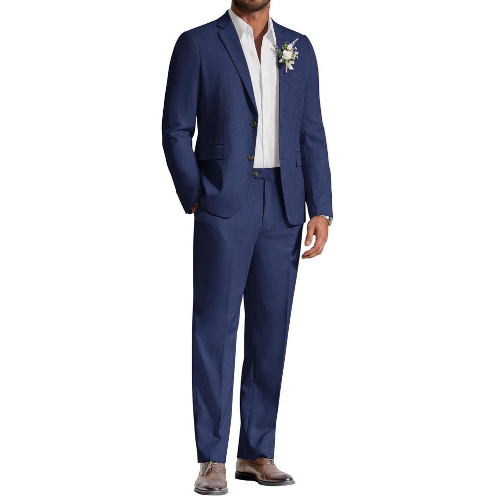 imageCOOFANDY Mens Linen Suits 2 Piece Regular Fit Suits Set Casual Lightweight Blazer Jacket and Pants for Summer WeddingNavy Blue