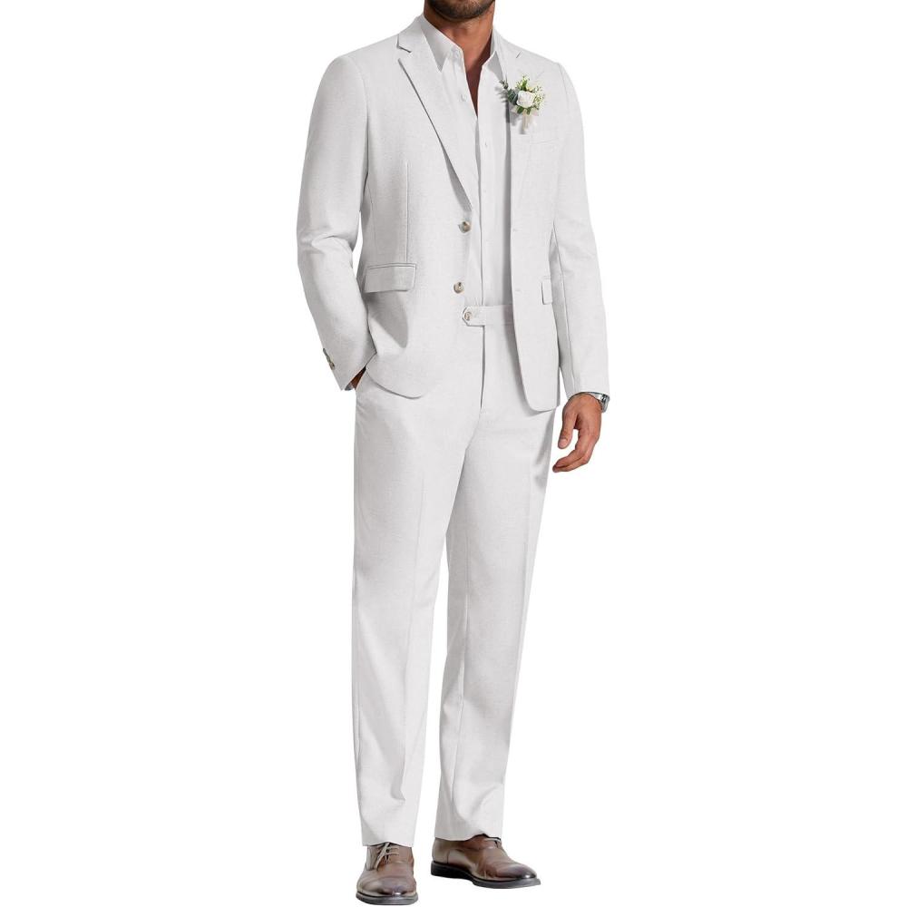 imageCOOFANDY Mens Linen Suits 2 Piece Regular Fit Suits Set Casual Lightweight Blazer Jacket and Pants for Summer WeddingWhite