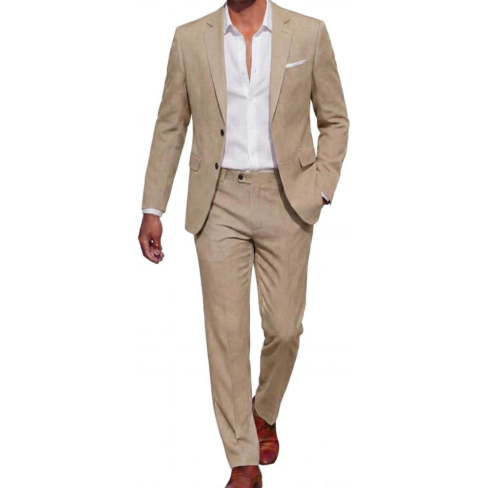 imageCOOFANDY Mens Suits 2 Piece Classic Fit Casual Suits Sets 2 Button Blazer Jacket And Dress Pants For Wedding Business PromKhaki