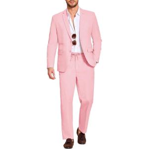 COOFANDY Men’s 2 Piece Linen Suits Set Regular Fit Casual Lightweight Linen Suit Blazer Jacket and Pants(Pink)