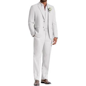 COOFANDY Men’s Linen Suits 2 Piece Regular Fit Suits Set Casual Lightweight Blazer Jacket and Pants for Summer Wedding(White)