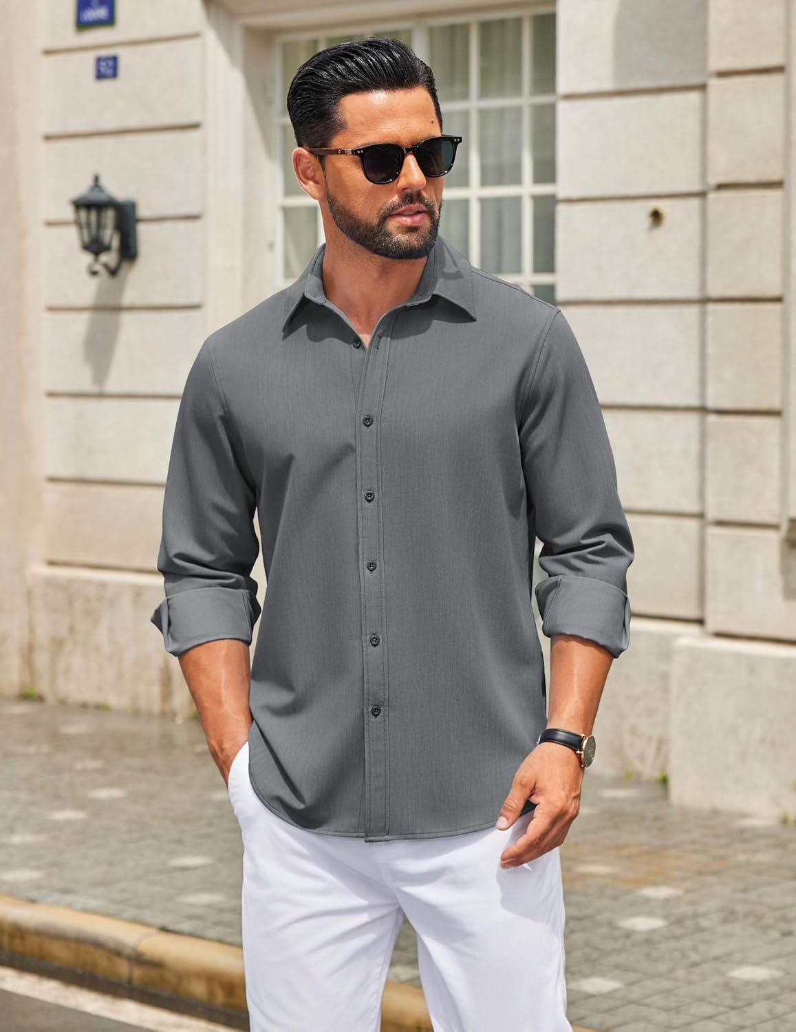 imageCOOFANDY Mens Casual Button Down Long Sleeve Untucked Denim Dress ShirtGrey