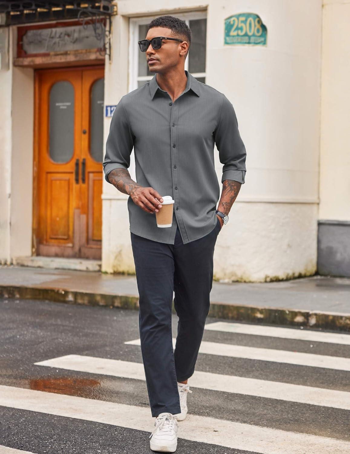 imageCOOFANDY Mens Casual Button Down Long Sleeve Untucked Denim Dress ShirtGrey