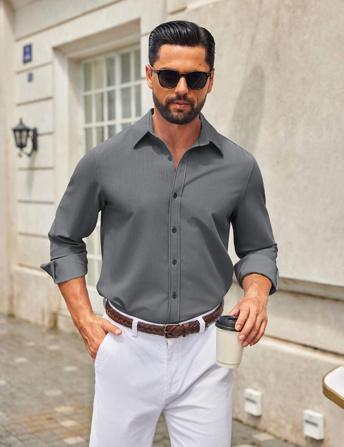 imageCOOFANDY Mens Casual Button Down Long Sleeve Untucked Denim Dress ShirtGrey