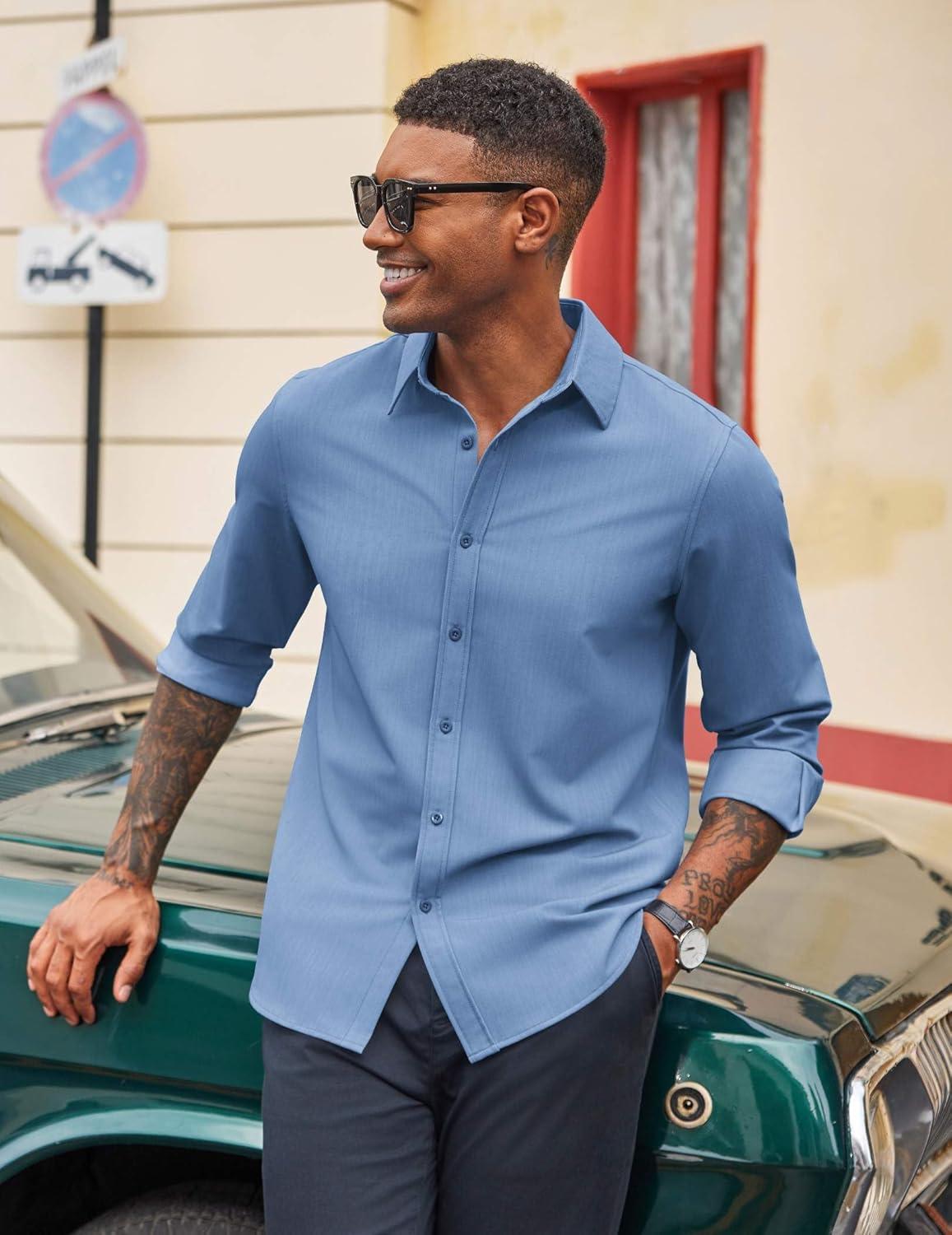 imageCOOFANDY Mens Casual Button Down Long Sleeve Untucked Denim Dress ShirtLight Blue