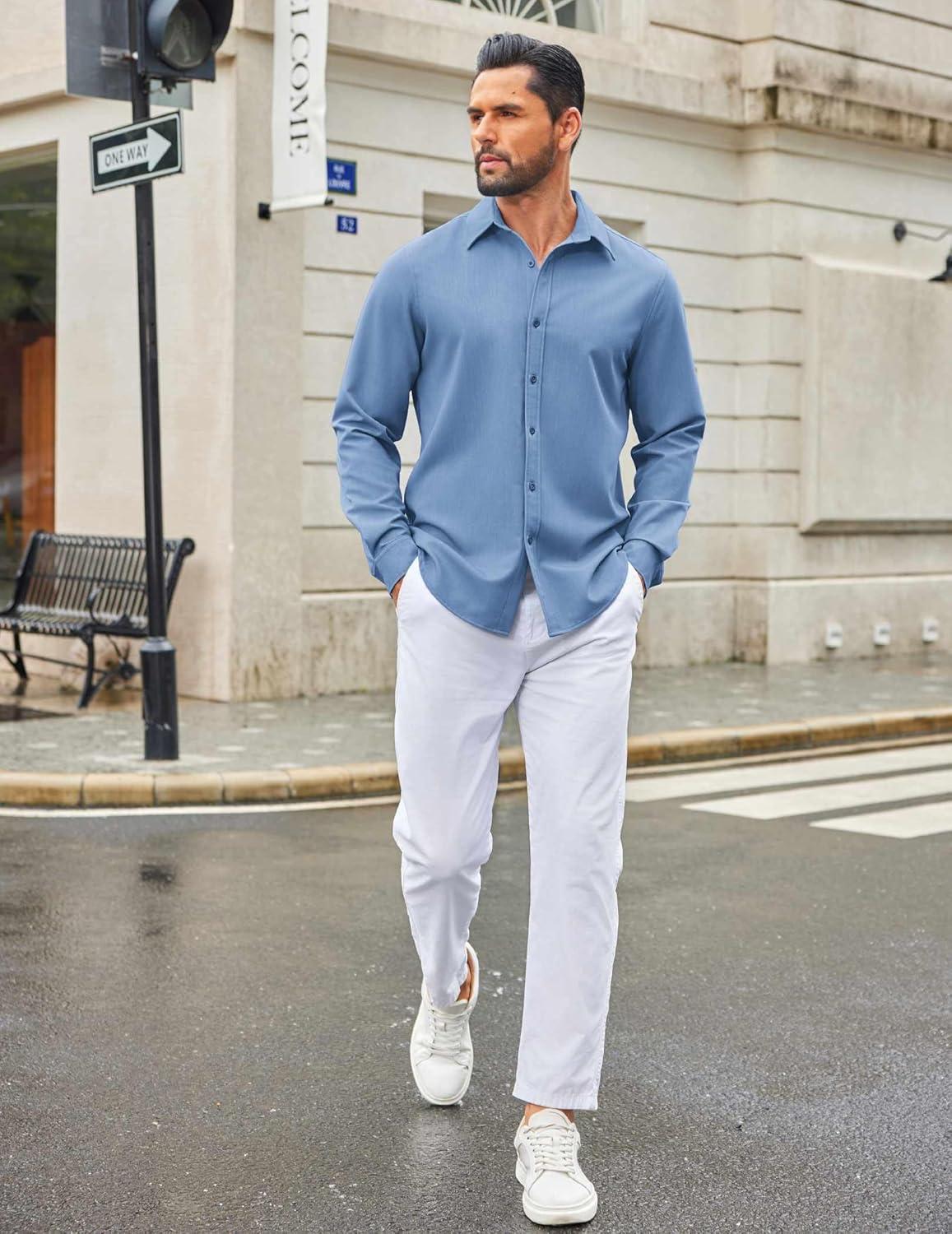 imageCOOFANDY Mens Casual Button Down Long Sleeve Untucked Denim Dress ShirtLight Blue