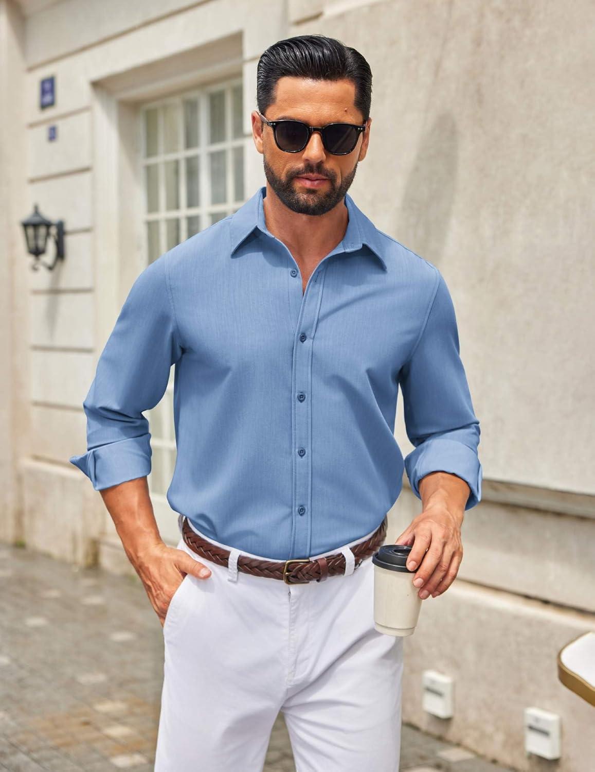 imageCOOFANDY Mens Casual Button Down Long Sleeve Untucked Denim Dress ShirtLight Blue