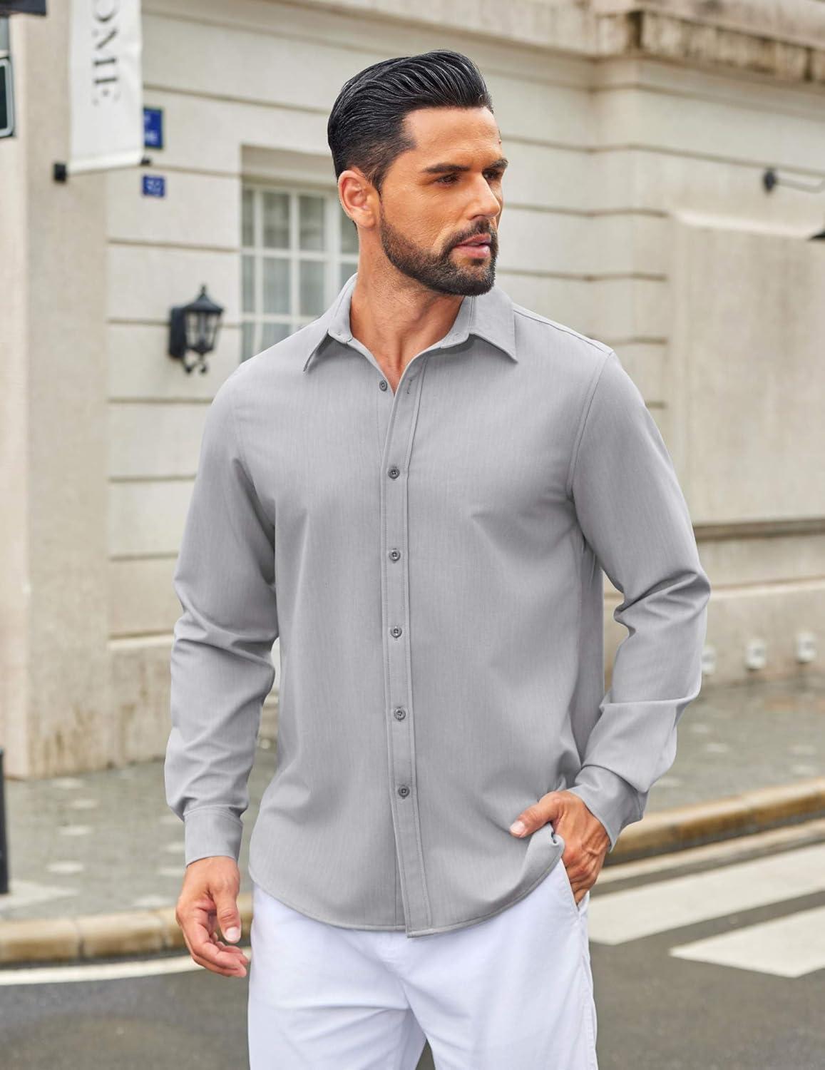 imageCOOFANDY Mens Casual Button Down Long Sleeve Untucked Denim Dress ShirtLight Grey