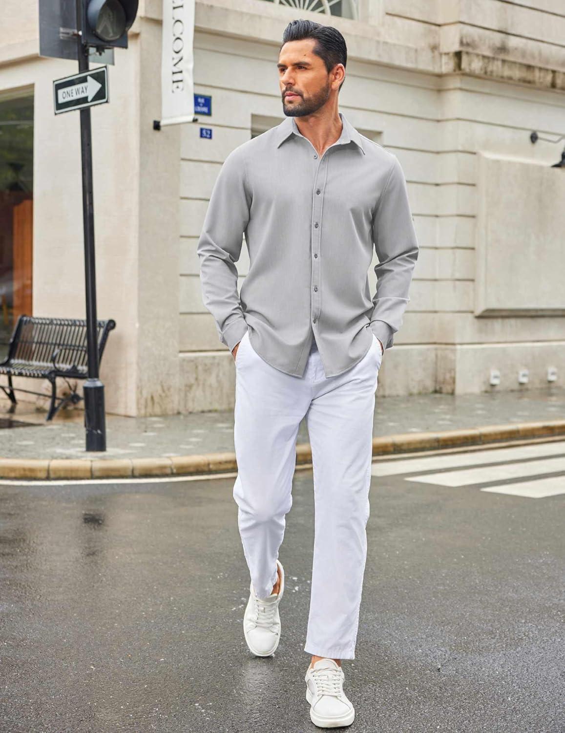 imageCOOFANDY Mens Casual Button Down Long Sleeve Untucked Denim Dress ShirtLight Grey