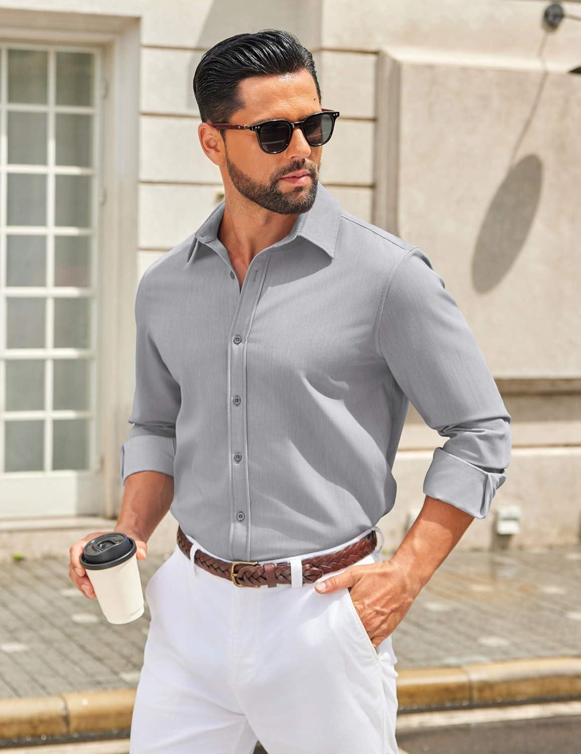 imageCOOFANDY Mens Casual Button Down Long Sleeve Untucked Denim Dress ShirtLight Grey