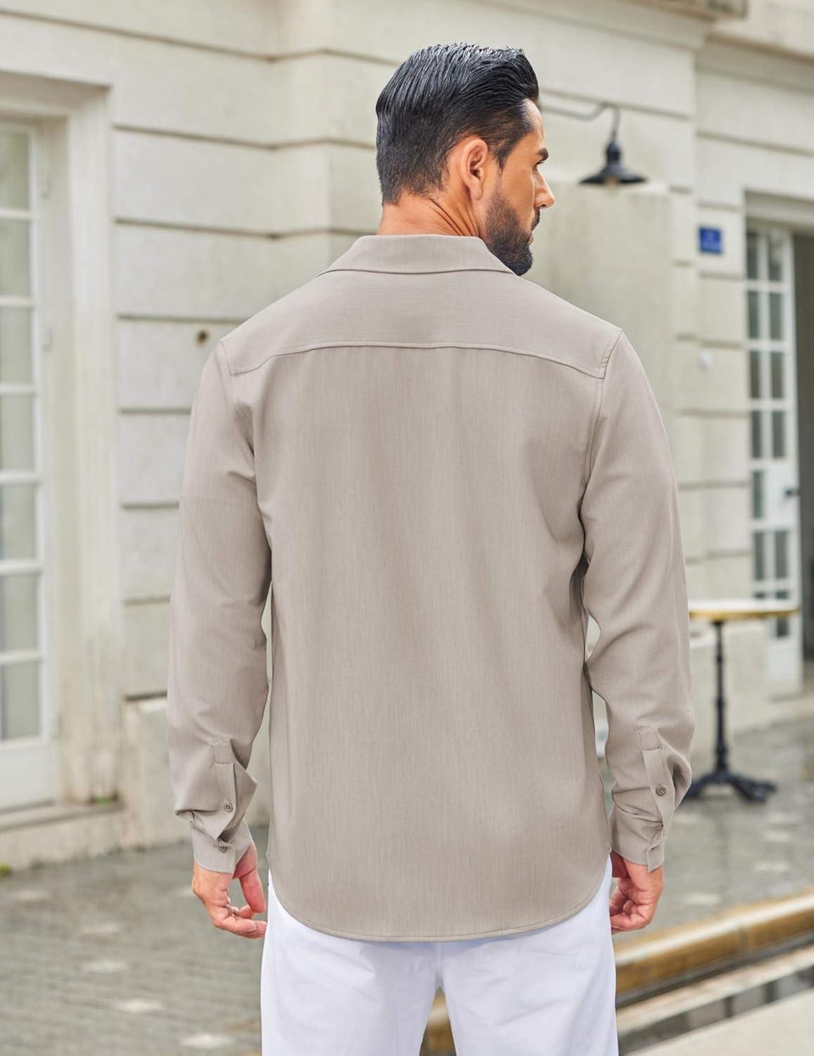 imageCOOFANDY Mens Casual Button Down Long Sleeve Untucked Denim Dress ShirtLight Khaki