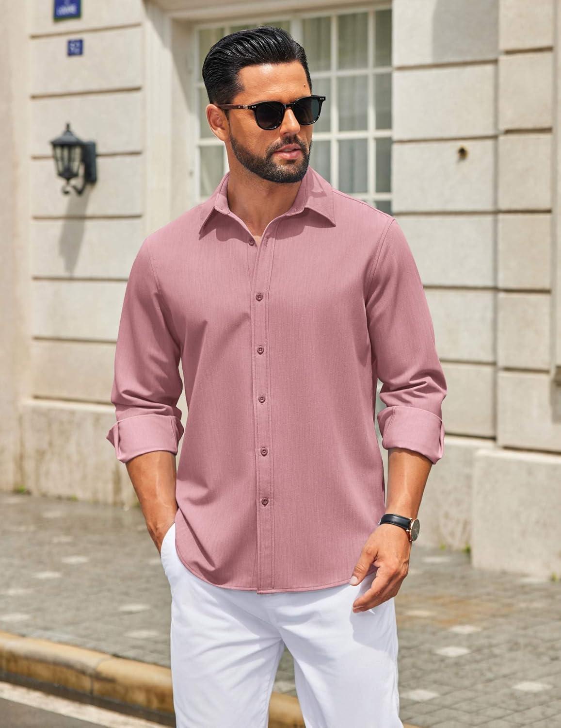 imageCOOFANDY Mens Casual Button Down Long Sleeve Untucked Denim Dress ShirtPurple Red