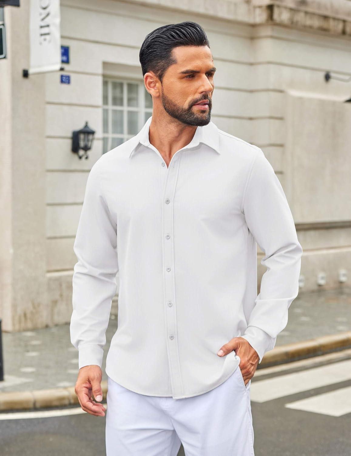 imageCOOFANDY Mens Casual Button Down Long Sleeve Untucked Denim Dress ShirtWhite