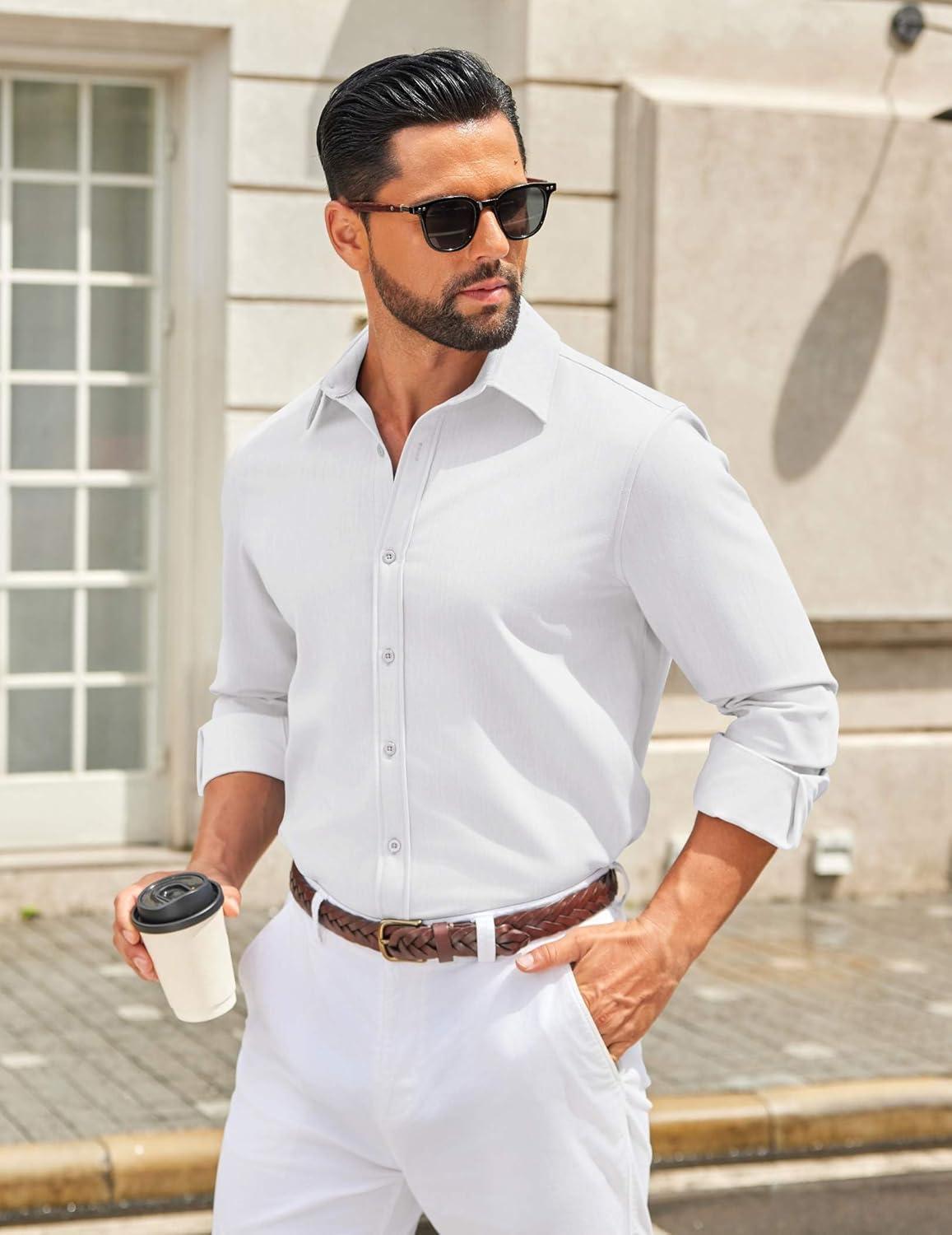 imageCOOFANDY Mens Casual Button Down Long Sleeve Untucked Denim Dress ShirtWhite
