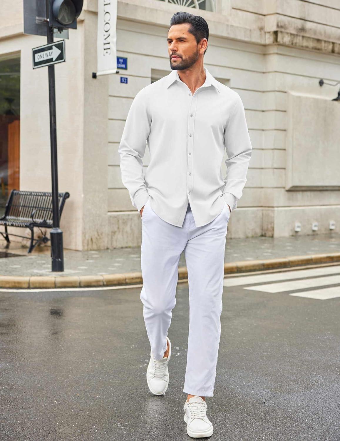 imageCOOFANDY Mens Casual Button Down Long Sleeve Untucked Denim Dress ShirtWhite