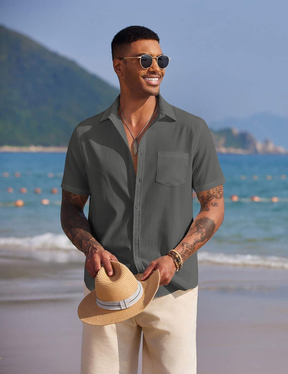 imageCOOFANDY Mens Casual Short Sleeve Button Down Summer Beach Shirt Lightweight Textured Wrinkle Free Stretch ShirtsDark Gray