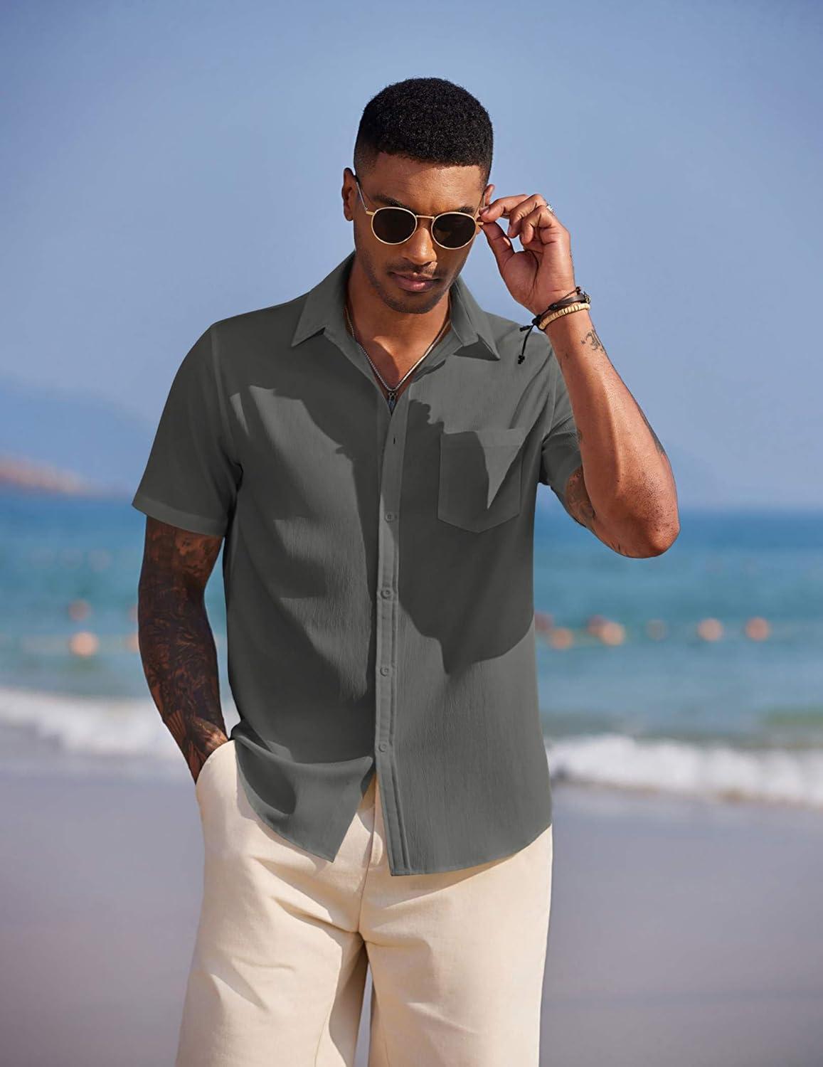 imageCOOFANDY Mens Casual Short Sleeve Button Down Summer Beach Shirt Lightweight Textured Wrinkle Free Stretch ShirtsDark Gray