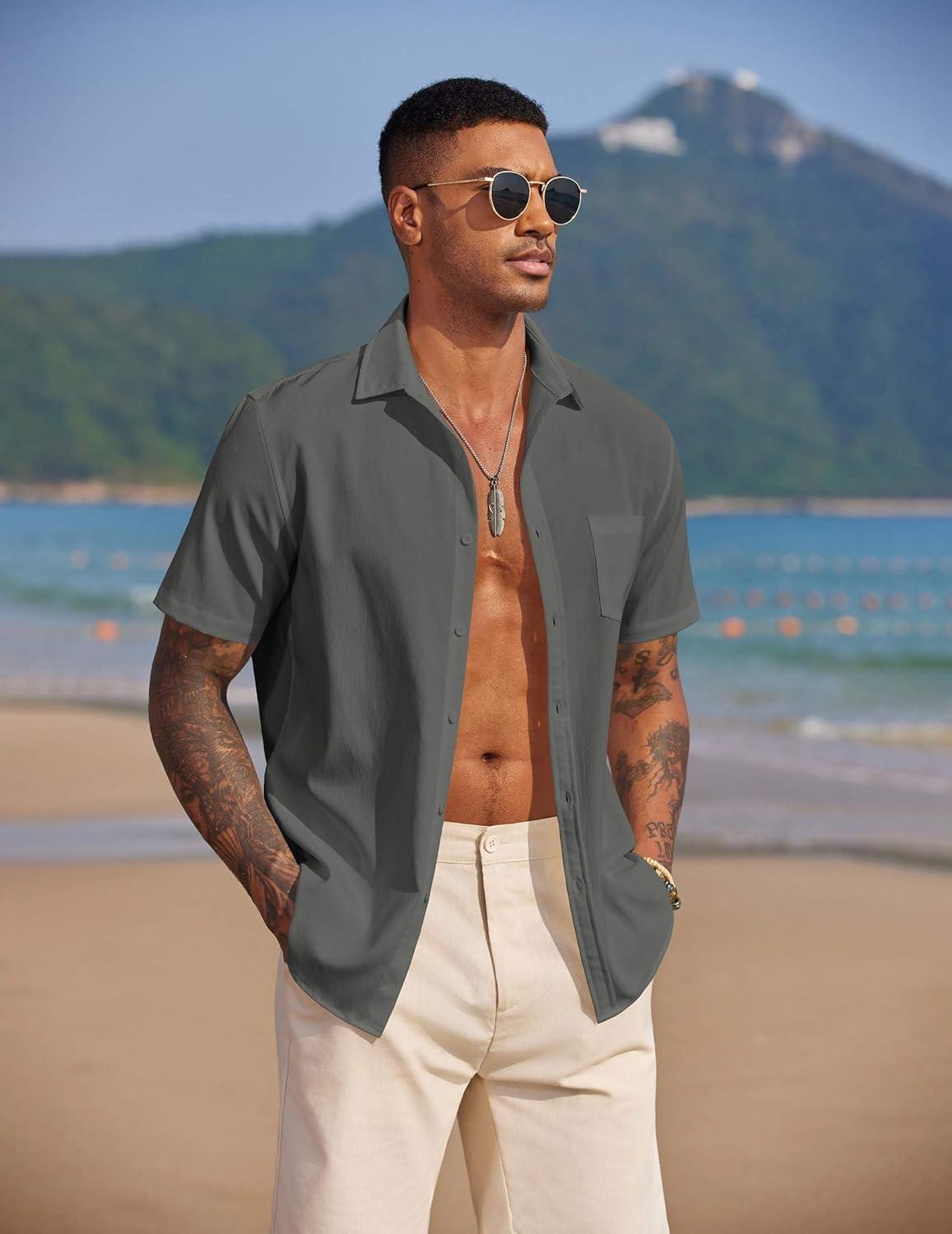 imageCOOFANDY Mens Casual Short Sleeve Button Down Summer Beach Shirt Lightweight Textured Wrinkle Free Stretch ShirtsDark Gray