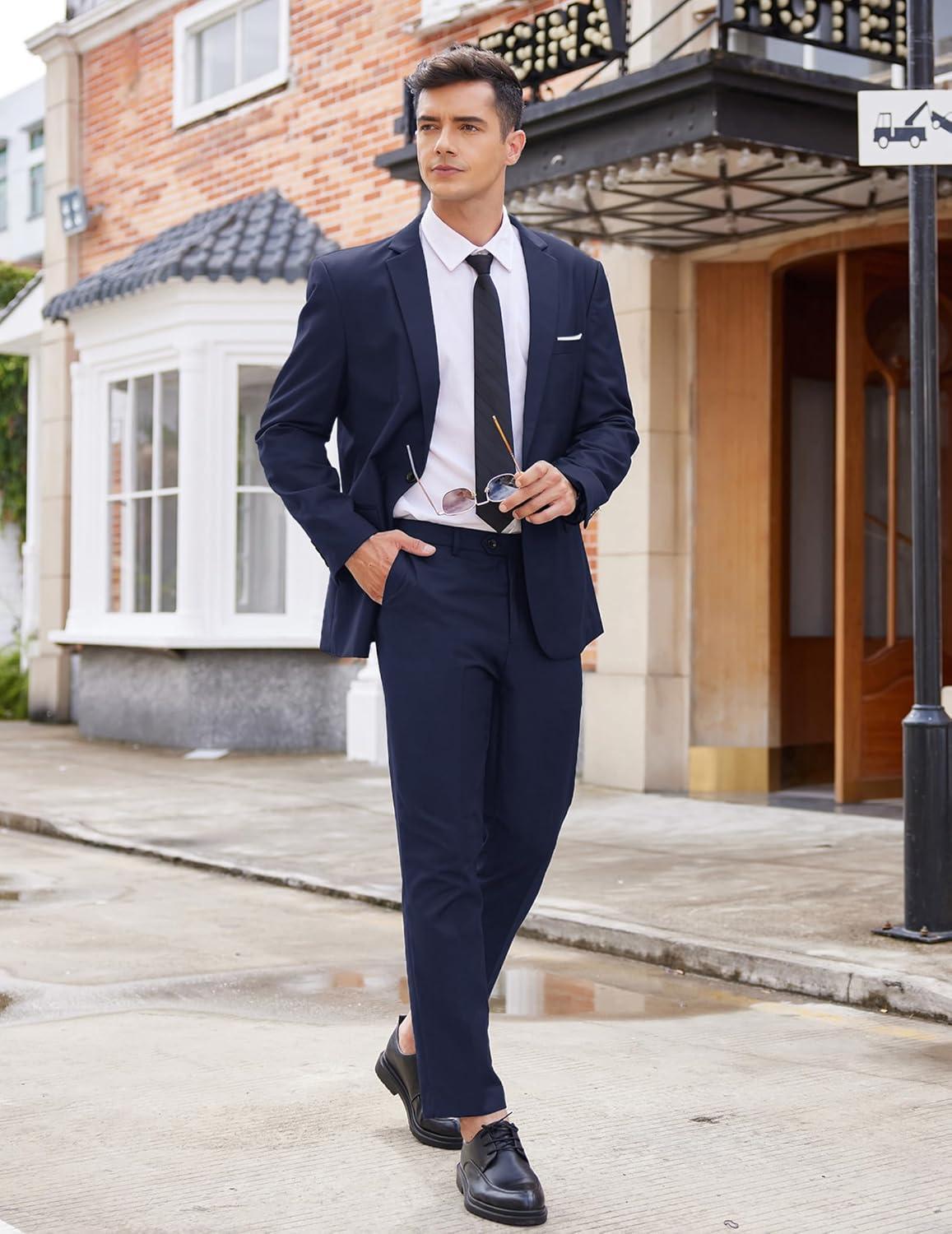 imageCOOFANDY Mens Classic Fit Dress Pants Flat Front Straight Formal Pants Wrinkle Free Expandable Waist Suit PantsNavy Blue