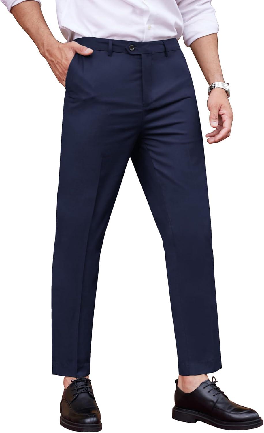 imageCOOFANDY Mens Classic Fit Dress Pants Flat Front Straight Formal Pants Wrinkle Free Expandable Waist Suit PantsNavy Blue