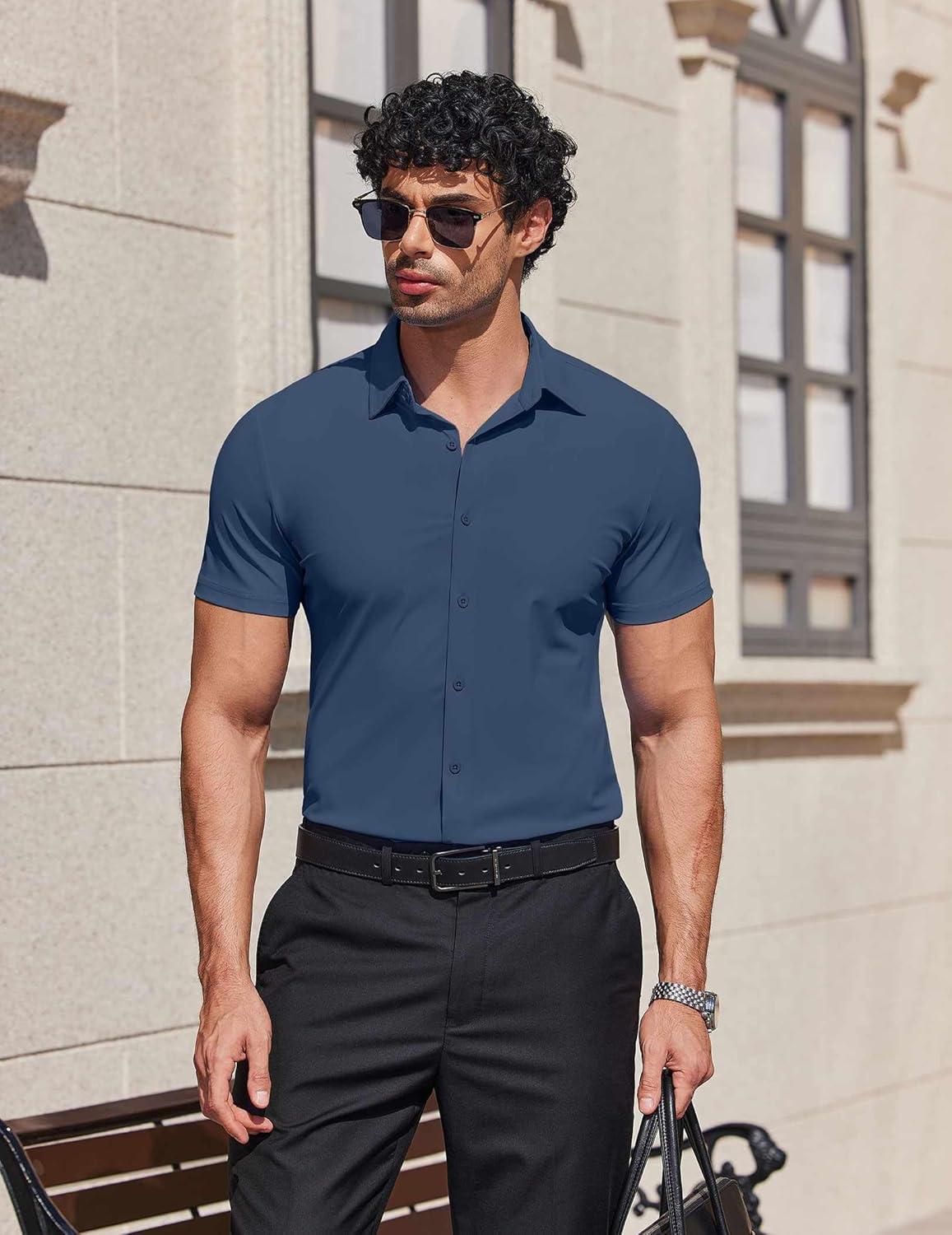 imageCOOFANDY Mens Muscle Fit Dress Shirts Stretch Wrinkle Free Short Sleeve Button Down Shirt Casual Solid Untucked ShirtDeep Blue