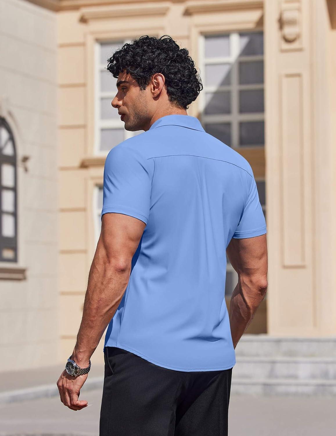 imageCOOFANDY Mens Muscle Fit Dress Shirts Stretch Wrinkle Free Short Sleeve Button Down Shirt Casual Solid Untucked ShirtLight Blue