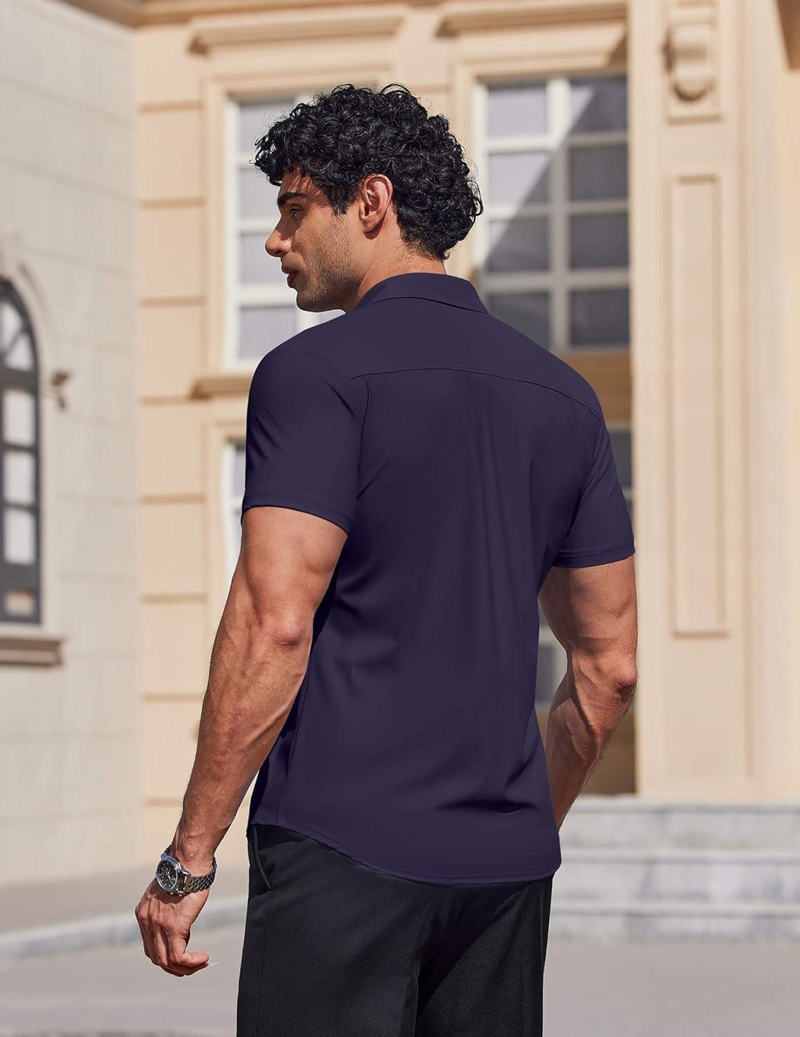 imageCOOFANDY Mens Muscle Fit Dress Shirts Stretch Wrinkle Free Short Sleeve Button Down Shirt Casual Solid Untucked ShirtNavy Blue